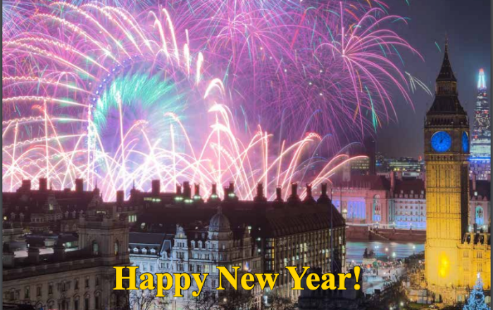 Fireworks light up the night sky over Big Ben and the London Eye with “Happy New Year!” text at the bottom.
